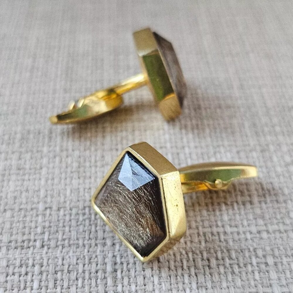 Men Cuff Links Brown Faux Stone Gold Tone Fashion Jewelry Cuff Stud Cufflink New - Picture 4 of 10